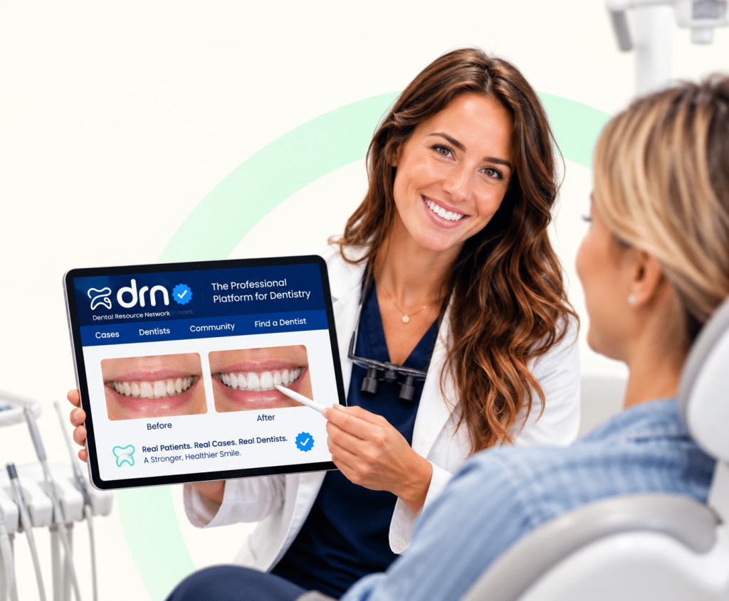 Dentist showing a patient before-and-after dental cases on the Dental Resource Network platform